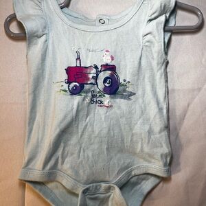Carhartt Baby Girl 3M Farm Chick Bodysuit Blue Tractor Chicken Ruffle Shoulder
